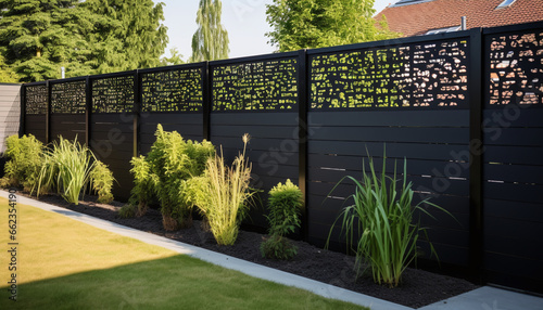 Metal Garden Fence Enhanced with Synthetic Black Privacy Screen Strips photo