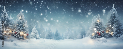 A snowy Christmas background featuring a Christmas tree, banner © JQM