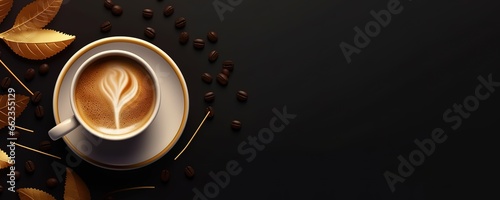 a cup of latte art coffee on a black table decorated with gold leaf. generative AI photo