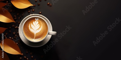 a cup of latte art coffee on a black table decorated with gold leaf. generative AI