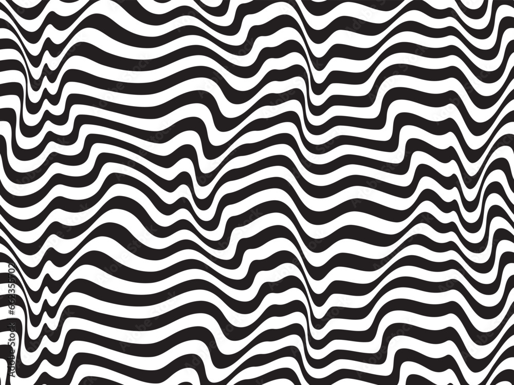 Black and white stripes. Psychedelic, hypnotic line abstract background. Vector pattern. Warped waves. Monochrome illustration. Banner, wallpaper, template, print, poster. Ocean, sea concept.
