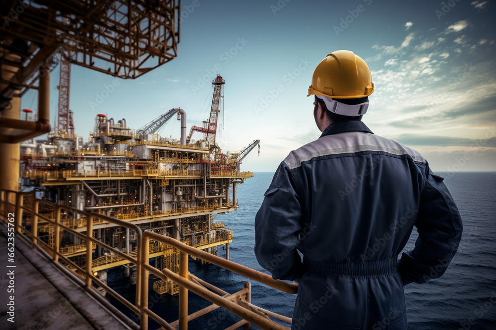 A male engineer stands on the platform of the oil rig, with the vast expanse of the ocean behind him, as he oversees the drilling operations with a keen eye. 