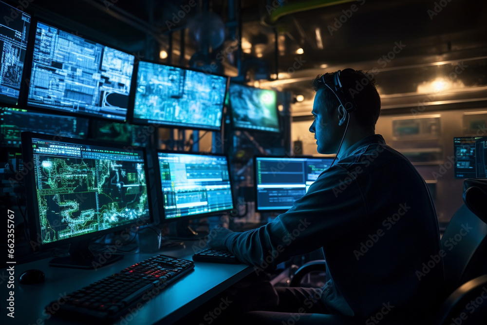 In the control room of the oil rig, a male engineer analyzes data on computer screens, making critical decisions to optimize drilling operations. 