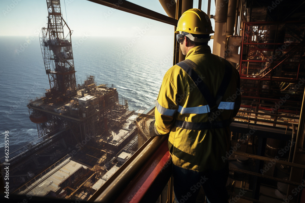With the ocean stretching to the horizon, a male engineer on the rig's observation deck oversees the safety protocols and operations on the offshore platform.  - obrazy, fototapety, plakaty 