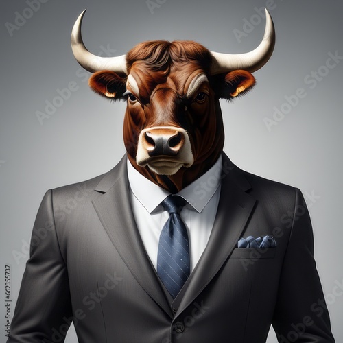 bull in business suit with big headbull in business suit with big headbull with mask and cow head on background © Shubham