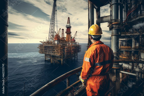 A dedicated male engineer, dressed in safety gear, inspects the massive drilling equipment on the oil rig, against the backdrop of the open sea. 