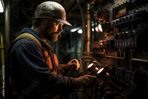 Deep in the heart of the rig, a male engineer examines the intricate machinery responsible for pumping crude oil from beneath the ocean floor. 
