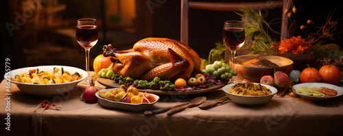 Thanksgiving dinner with turkey, red wine, and an array of gourmet delights on the table
