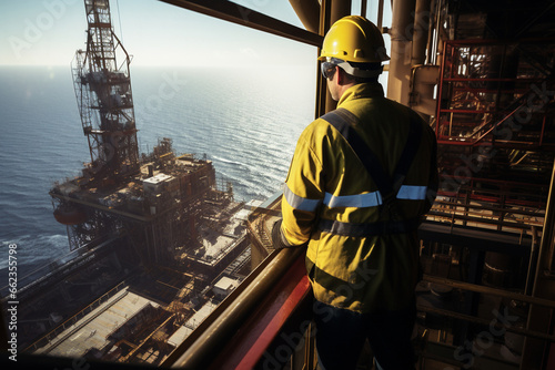 Wallpaper Mural With the ocean stretching to the horizon, a male engineer on the rig's observation deck oversees the safety protocols and operations on the offshore platform