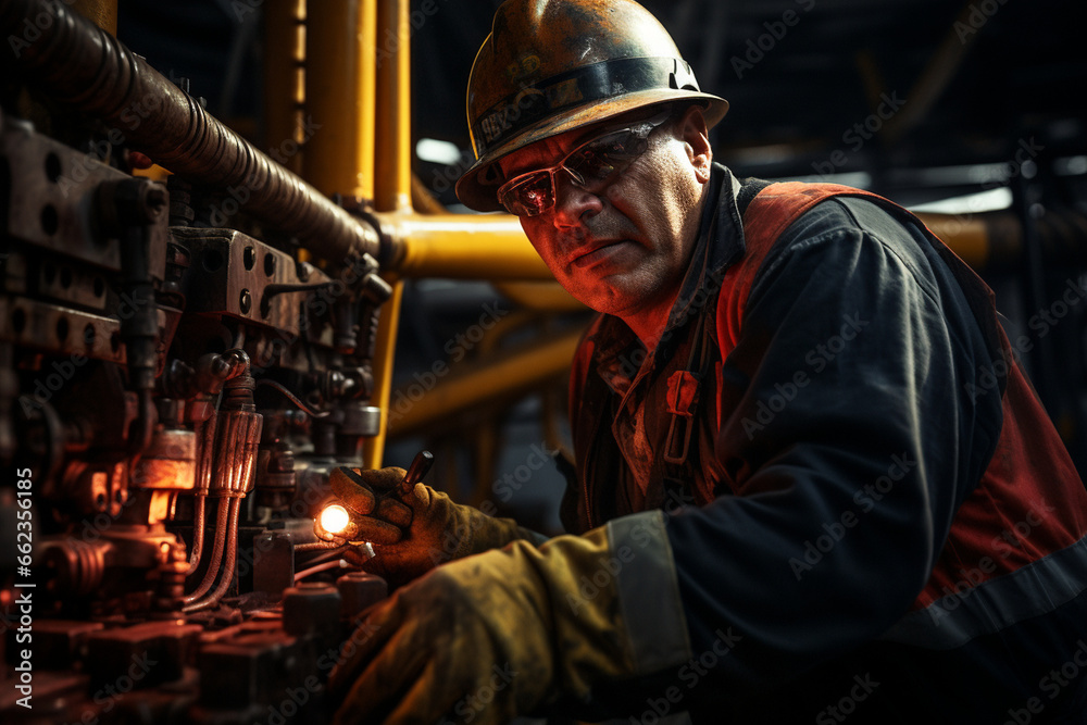Against a backdrop of industrial machinery, a worker operates the drilling equipment, ensuring that oil is extracted efficiently from deep within the Earth. 