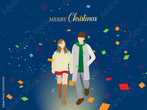 クリスマスイブに青背景の紙吹雪の中を歩くカップル