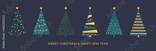 Holiday banner with decorative geometric Christmas trees gold, green color. Geometric Fir triangle form. Xmas and New Year background. Flat vector illustration