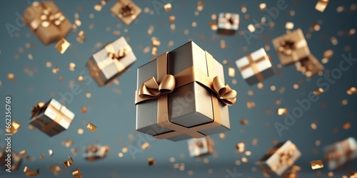 photo of an elegant gift decorated with gold confetti. generative AI © Nanda