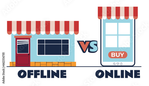 Choose VS online offline shop business store commerce market concept. Vector flat graphic design illustration