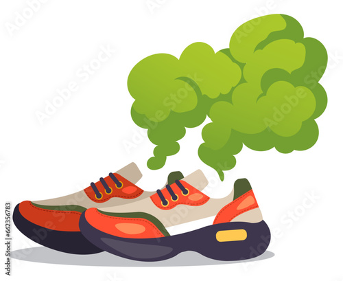 Dirty sweaty smelly stinking feet shoes boots bacteria concept. Vector flat graphic design illustration 
