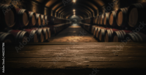 empty dark wooden tabletop for product display on blurred winery wine barrels cellar background