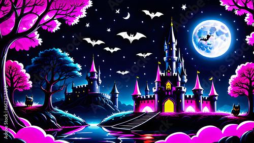 Halloween night castle landscape with moon
