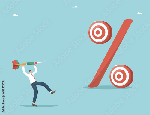 Fulfillment of investment goals and increase in income, financial growth in interest rate on deposits, improvement of economy or GDP growth, increase in wages or savings, man throws dart at percentage