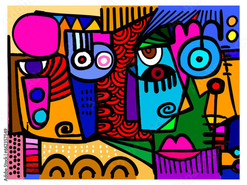 Colorful abstract faces portrait line art decorative hand drawn vector illustration. Artistic wall art, prints, cover, poster, decoration background.