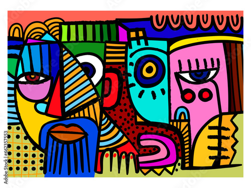 Colorful abstract faces portrait line art decorative hand drawn vector illustration. Artistic wall art, prints, cover, poster, decoration background.