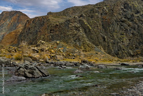 Russia. The South Of Western Siberia, The Altai Mountains. Golden autumn in the valley of the Chulyshman River near the Katu-Yaryk pass.