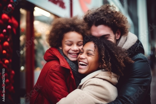 Happy beautiful African American family walking in shopping center. Family is hugging and enjoying Christmas holidays photo