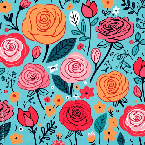 Roses quirky doodle pattern  background  cartoon  vector  whimsical Illustration