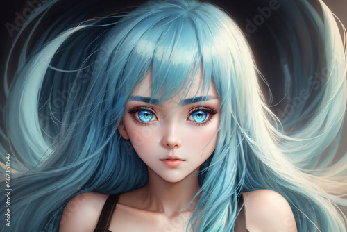 portrait of beautiful anime girl with blue hair  generative ai