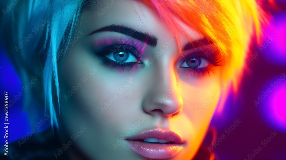 A High-Fashion Model Portrait with Vibrant Light Effects