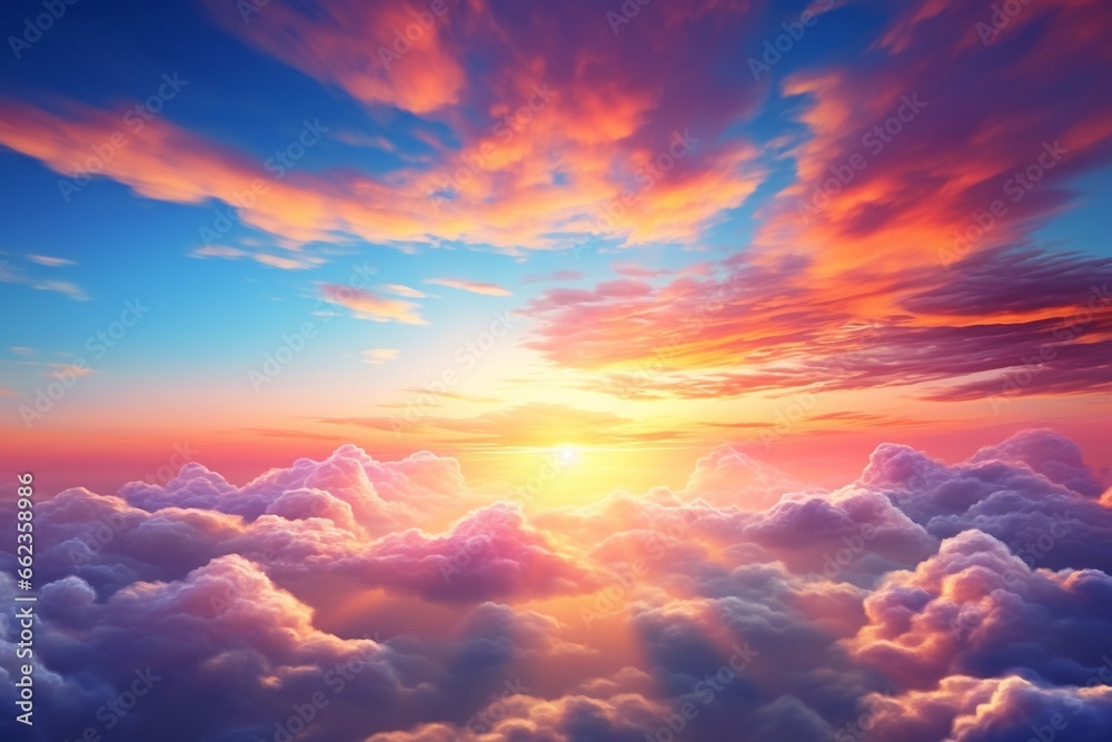 The sky is transformed into a magnificent canvas as the sun sets, bathing the clouds in a dazzling array of colors—a truly remarkable and vivid sunset landscape. Created with generative AI tools