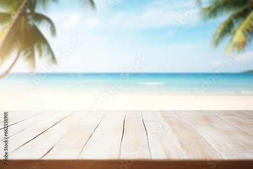 Amidst the colorful blur of a tropical beach scene, featuring white sands, a swaying palm tree, and the endless ocean, a light wooden table stands prominently. Created with generative AI tools