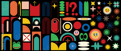 Brutalism abstract geometrical shapes set. Bauhaus, swiss design vector elements. Colorful primitive figures for stickers, print, poster