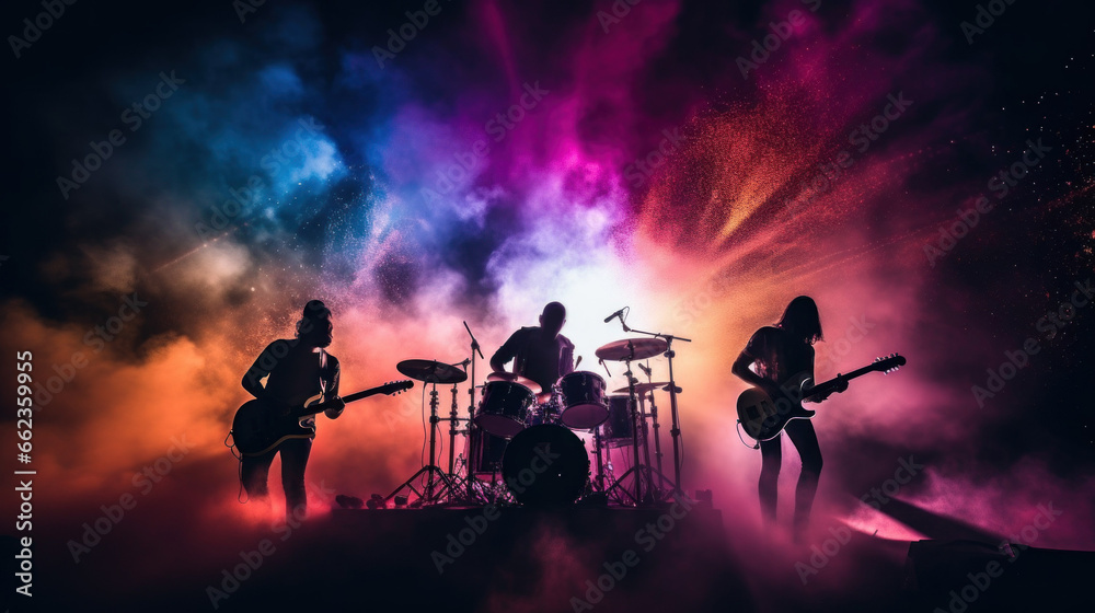 Rock band concert in cloud colorful dust. Music event, Rock band performs on stage colorful dust background. Guitarist, bass guitar and drums on stage. - obrazy, fototapety, plakaty 