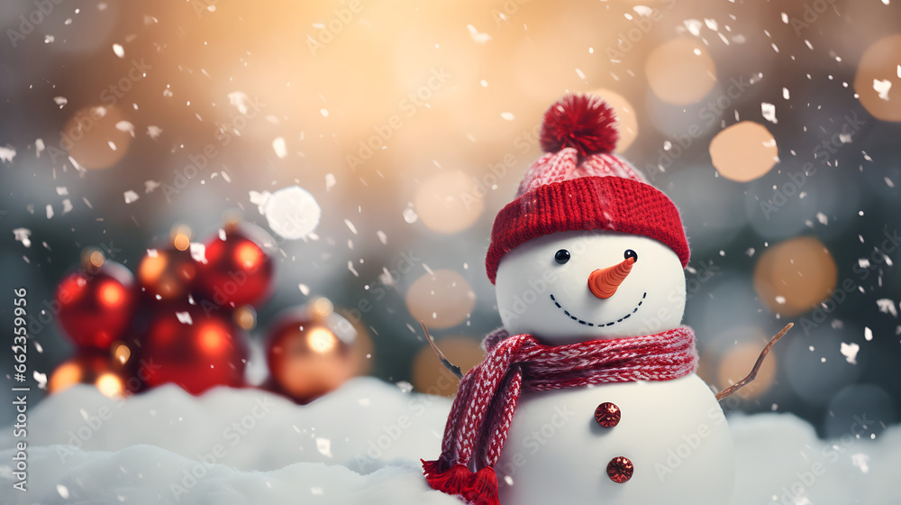 Cute little snowman wearing red, blurred winter scene, copy space Cute little snowman wearing red, blurred winter scene, copy space