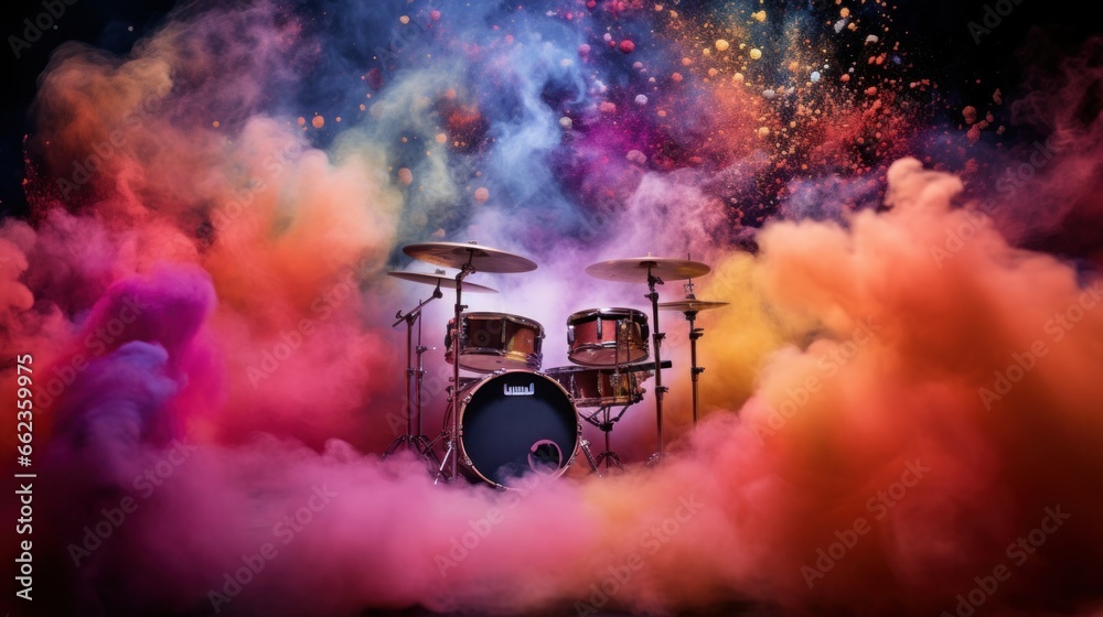 Drum Kit in cloud colorful dust. World music day banner with musician and musical instrument on abstract colorful dust background. Music event, Expression, symphony, colorful design - obrazy, fototapety, plakaty 