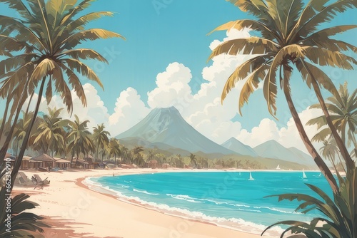 beautiful tropical beach with trees, mountains, sea, clouds and sky. vector illustration beautiful tropical beach with trees, mountains, sea, clouds and sky. vector illustration beach with palms, trop