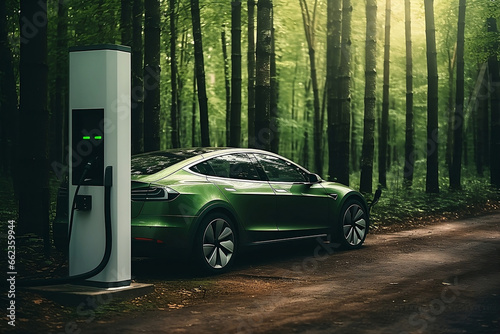 Green Energy Oasis: Electric Car Refueling in a Forest Haven