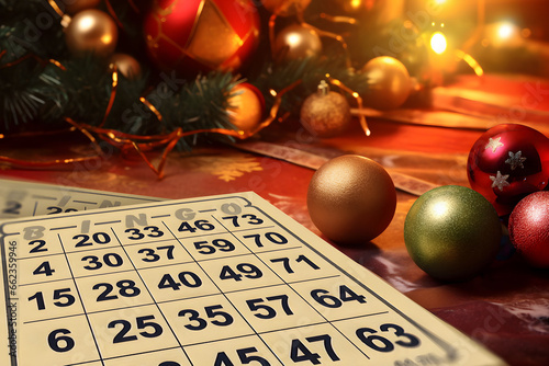 Bingo event for christmas, bingo card with glass ornament and christmas tree, bingo party for xmas