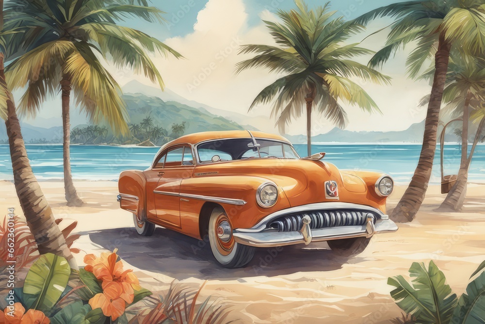 3d rendering of a beautiful landscape 3d rendering of a beautiful landscape vintage car on the road in the sea. 3d illustration