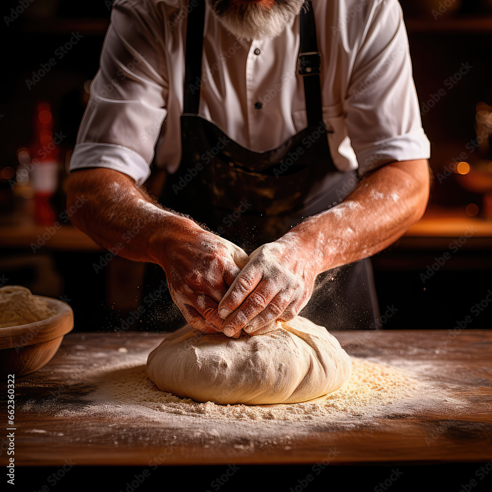 The chef kneads the dough. Making dough with your hands in a bakery. Generative AI