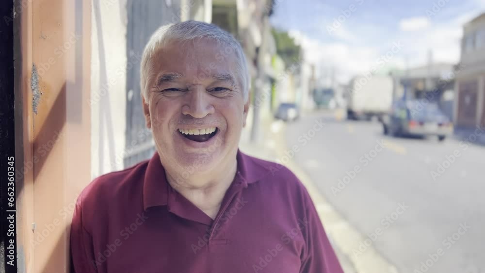 Grinning Gray-haired Gentleman, Laughter and Smiles in the Shade on Sunny Brazilian Sidewalk, Vehicles Passing By Grinning Gray-haired Gentleman, Laughter and Smiles in the Shade on Sunny Brazilian Sidewalk, Vehicles Passing By