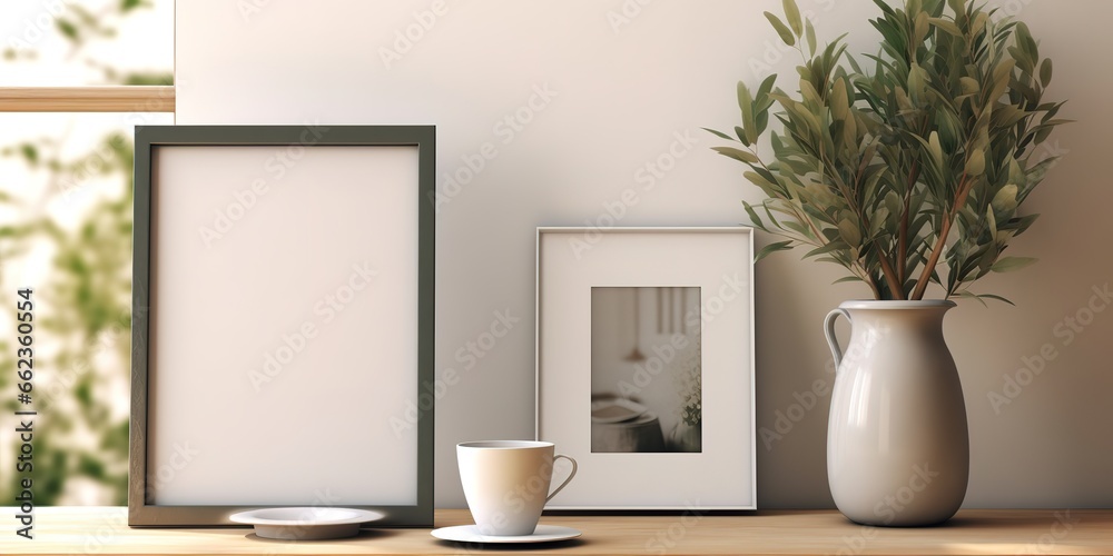 empty photo frame frame leaf decoration on side. generative AI empty photo frame frame leaf decoration on side. generative AI