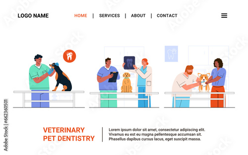 Landing page template Vet clinic Dental checkup Dog. Banner Dental Care, X-ray, brush teeth treatment Pet. Flat vector illustration
