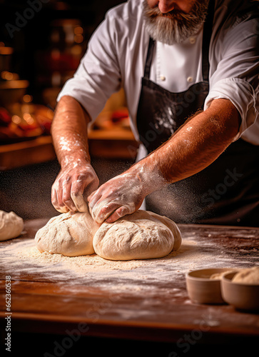 The chef kneads the dough. Making dough with your hands in a bakery. Generative AI