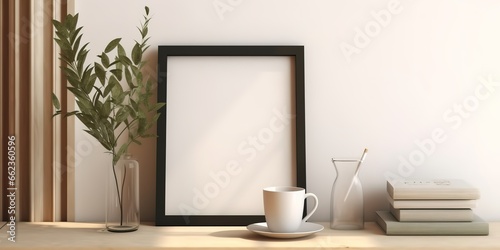 empty photo frame frame leaf decoration on side. generative AI © Nanda
