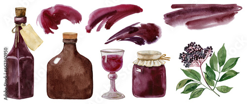 Elderberry, elderflowers tea, syrup, juice. Home grown medicinal plant, apothecary ingredient, healthy organic food illustration. Recipe card, print, broshure, menu, poster, summer party invitation
