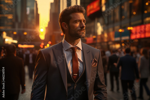 Photo of Businesman in suit walking through street of big city as background. Generative Ai.