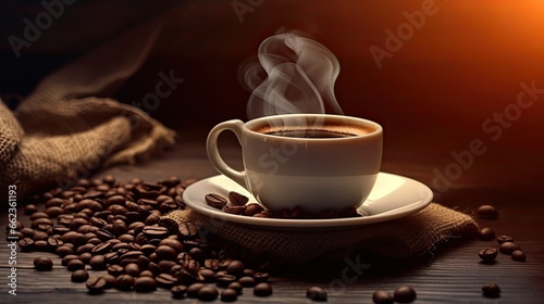steaming coffee in the cup advertising concept