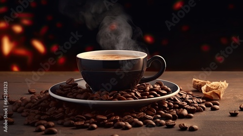 Hot Coffee latte Foam on Roasted Coffee beans background. Cup of Hot Latte and Saucer. Closeup. Concept for coffee product advertising