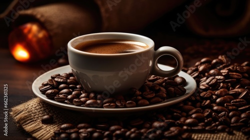 Hot Coffee latte Foam on Roasted Coffee beans background. Cup of Hot Latte and Saucer. Closeup. Concept for coffee product advertising © JuJamal